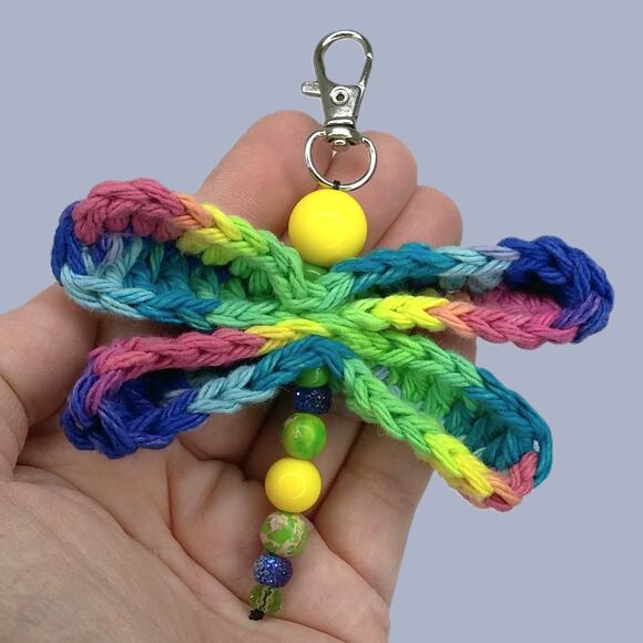 Colorful Crochet Handmade Dragonfly Keychain Beaded Bag Charm Upcycled Mini - Picture 4 of 10